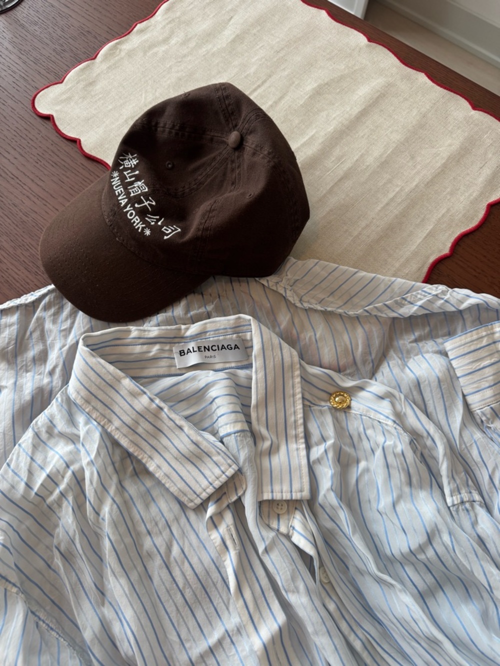 Balenciaga White and Light Blue Striped Button-Down Shirt